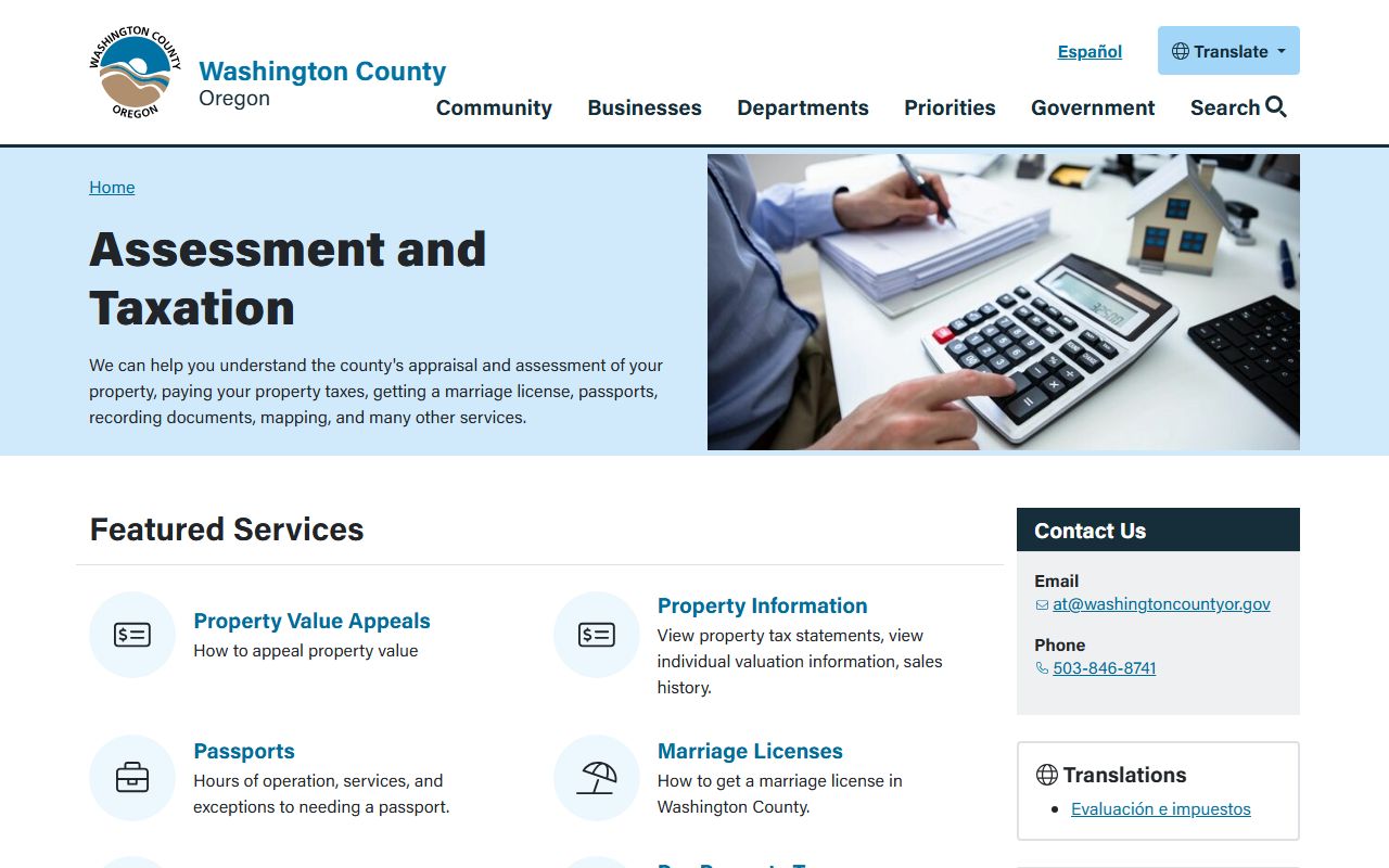 Washington County assessment and taxation white pages search tool