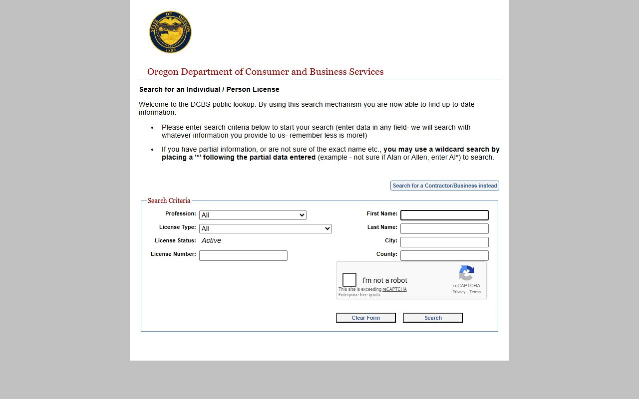 Oregon DCBS license lookup directory white pages